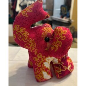 Handmade Fabric Thai Elephant Pink Floral Gold Accents Beaded Tassel Charm